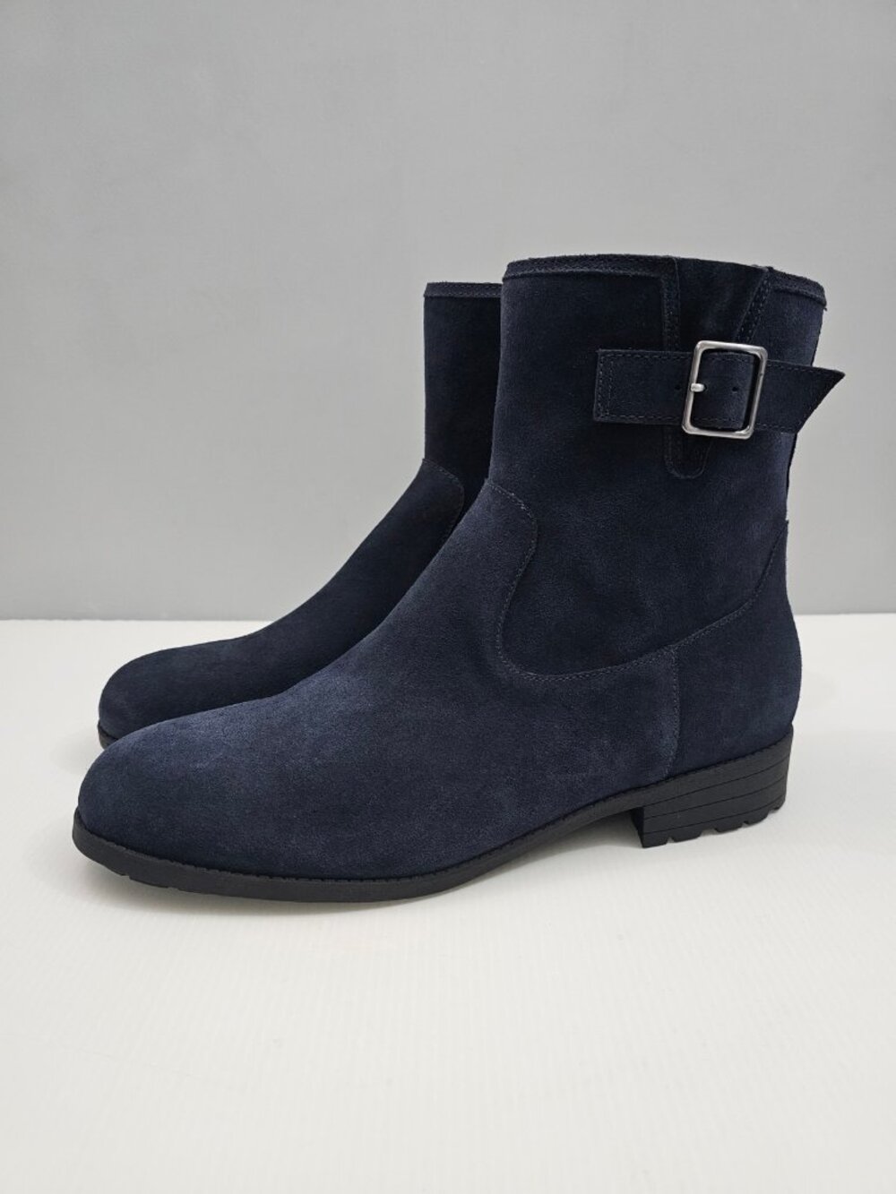 Vionic Jill Buckle Ankle Boots Womens 12 Navy Blue Suede Comfort Low Heel Moto